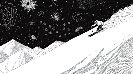 Obraz premium Monochrome illustration of skier descending steep slope under star filled sky conveying risk isolation courage and sublime scale of nature