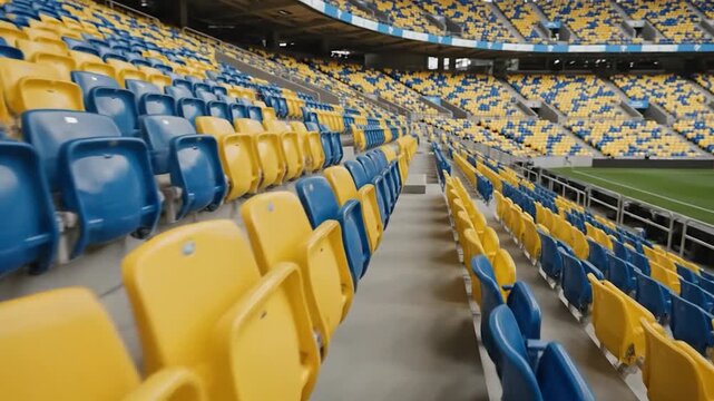 Empty stadium seating, showing blue and yellow rows of plastic chairs, receding into the background