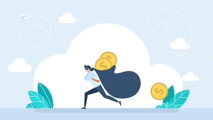 Obraz premium Thief running with a bag of money. Businessman running with stolen money bag. Criminal holding money bag with dollar sign. Bank robbery scene with thief in eye mask. Flat illustration