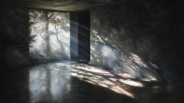 A shadow-filled room where whispers form into beams of light, representing inner thoughts finding clarity, ethereal fine art style, 