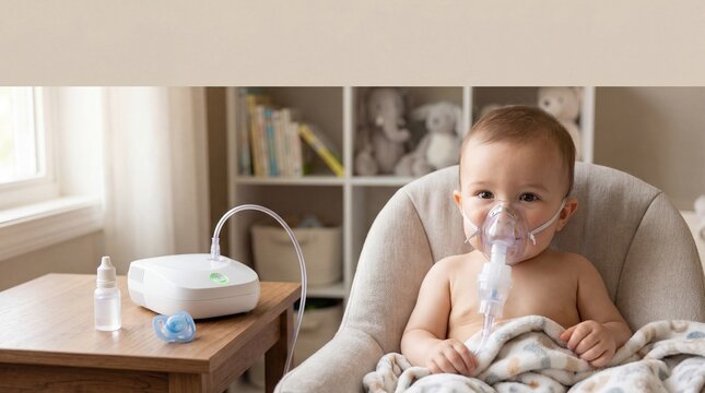 Baby receiving nebulizer treatment for respiratory health