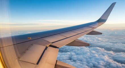 Fototapeta premium Airplane Wing Flying Above Clouds.