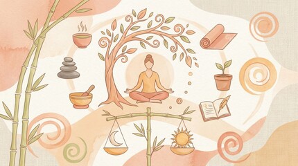 Mindful Spring Wellness Rituals and Balance Illustration