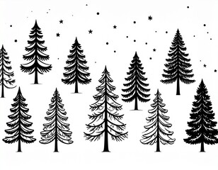 Obraz premium Black and White Illustration of Christmas Trees with Snowflakes, Winter Holiday Season.