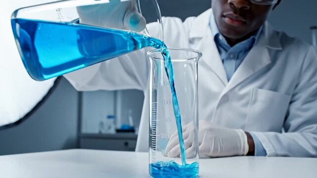 Black male scientist pours blue liquid into measuring cylinder, laboratory glassware and lab coat for research and chemistry, focused sterile mood for science education
