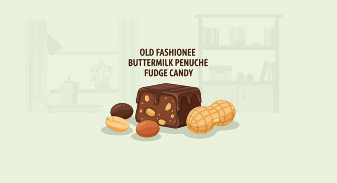 Chocolate fudge candy with peanuts and nuts on a shelf background