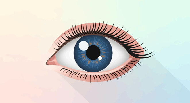 Close up of a blue eye with long lashes against a soft gradient background