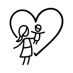 Logotipo del día de la madre con dibujo sencillo con líneas de una madre levantando a su hijo con un corazón de fondo  © teracreonte