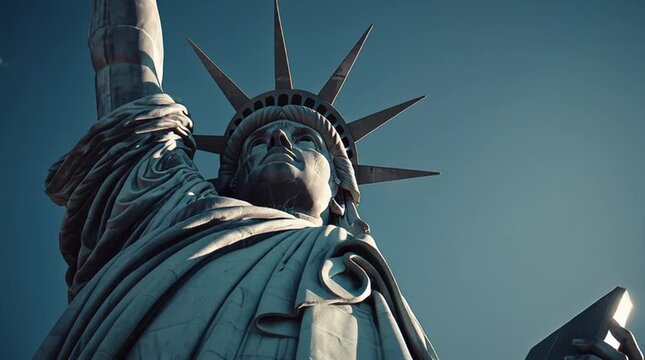 Low-angle close-up of the Statue of Liberty's face and crown with torch against a blue sky.