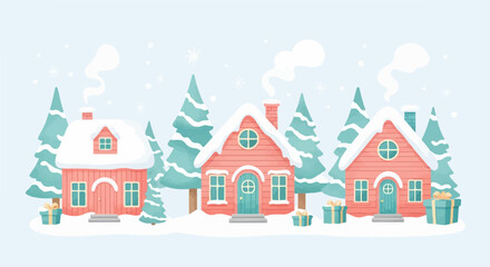 Fototapeta premium Cozy winter cottages with snow-covered roofs and festive gift boxes