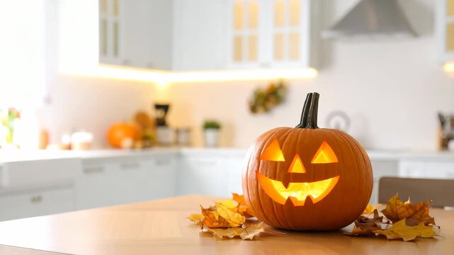 Glowing Jack-o-lantern on a wooden table surrounded by autumn leaves in a modern kitchen