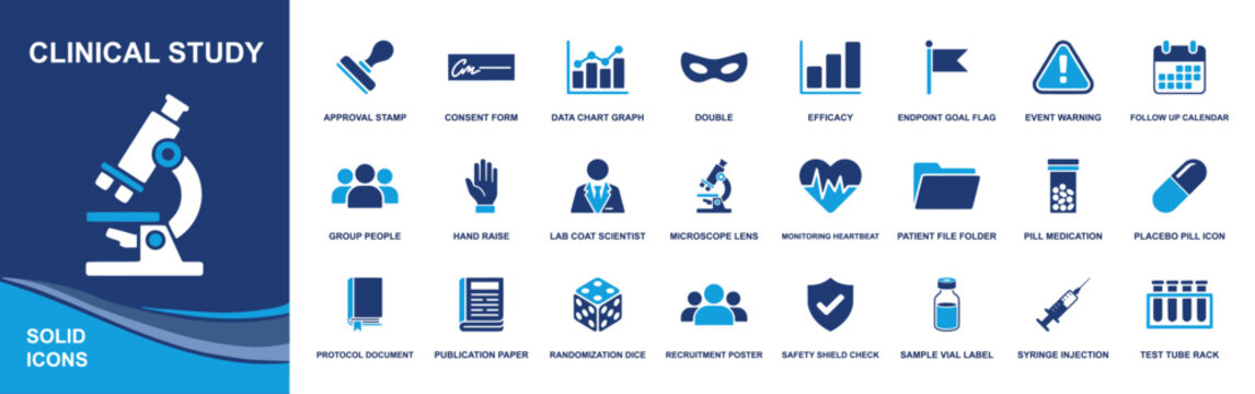 Clinical study icon set. Containing consent form, approval stamp, protocol, recruitment, randomization, placebo, efficacy, data chart, syringe, vial. Solid fill vector icons collection