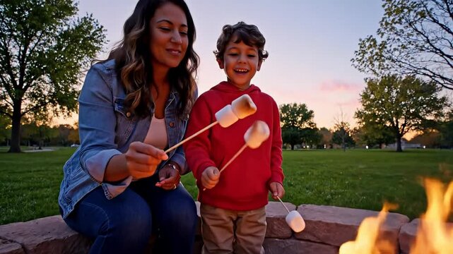 Latina mother and young son roasting marshmallows by a backyard fire pit at sunset, cozy family bonding and outdoor leisure, autumn evening camping vibe