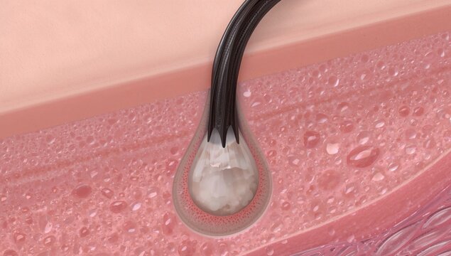 Microscopic cross-section of a human hair follicle showing a hair shaft and a white substance at its base within the skin.