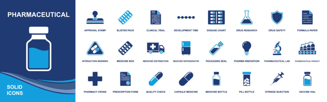 Pharmaceutical icon set. Containing pills, blister pack, clinical trial, dosage chart, lab, prescription, syringe, vaccine vial, medicine bottle and more. Solid fill vector icons collection