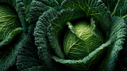 Obraz premium Detail macro view of fresh green cabbage with layered leaves and water droplet, emphasizing natural texture, organic growth, healthy vegetable concept for food, agriculture, nutrition background.