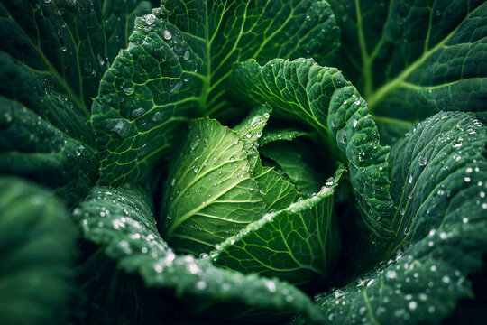 Fresh green cabbage leaves in detail macro view with water droplet, highlighting natural texture, organic freshness, healthy vegetable concept for food, nutrition, agriculture and background use.