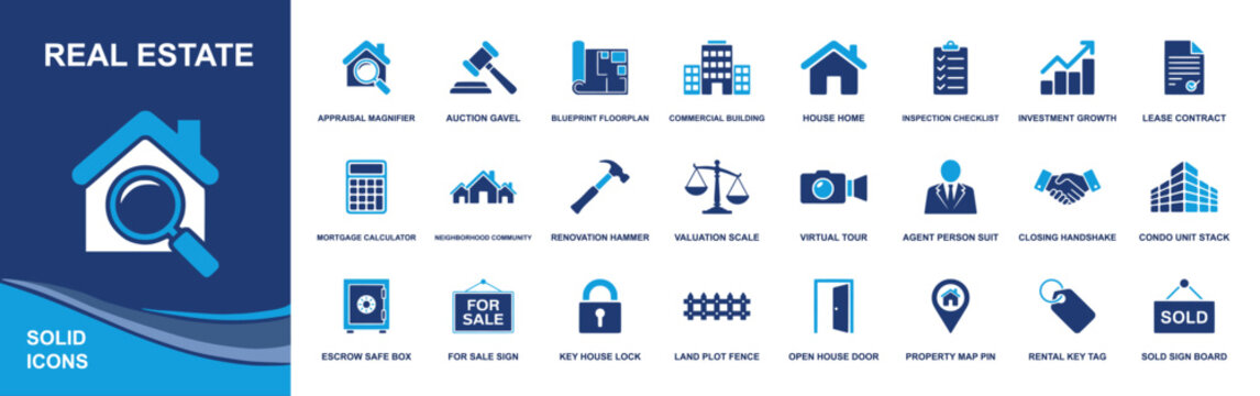 Real estate icon set. Containing appraisal, gavel, blueprint, building, home, inspection, lease, mortgage, escrow, map pin, keys, for sale and sold signs. Solid fill vector icons collection