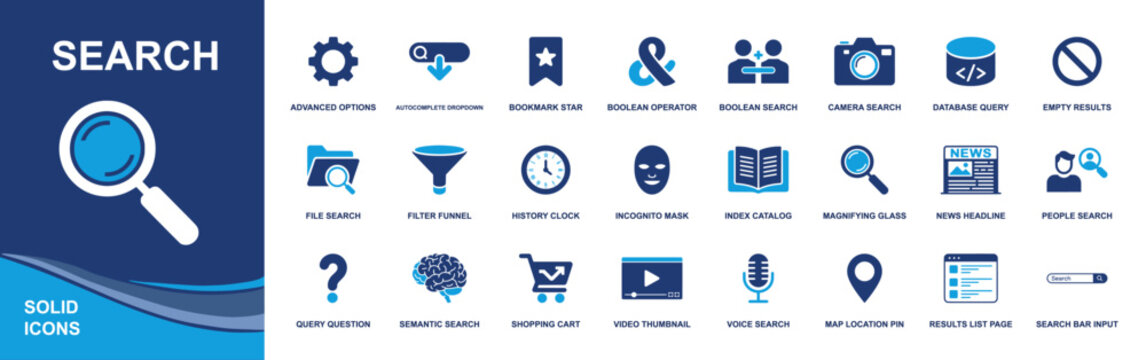Search icon set. Containing magnifier, filter funnel, file search, autocomplete, boolean search, camera search, history, incognito, results list and more. Solid vector icons collection