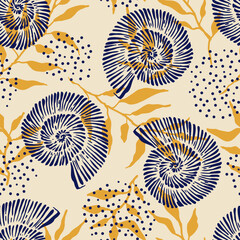 Seamless pattern with hand drawn ammonites and leaves. Vector illustrations