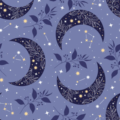 Seamless purple pattern with moon. Boho wall decor. Trendy texture for print, textile, packaging.