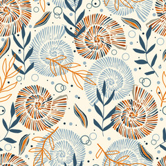Seamless pattern with hand drawn ammonites and leaves. Vector illustrations