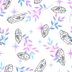 Beautiful seamless pattern with crystals, herbs, vector illustration. Contemporary composition. Trendy texture for print, textile, packaging.