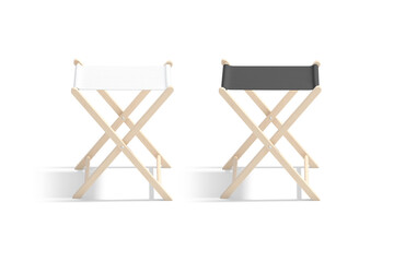 Blank black and white camp folding stool mockup, png, transparent background, 3d rendering. Empty portative chair for hiking mock up, cut out. Clear sling camping deckchair or tabouret template.