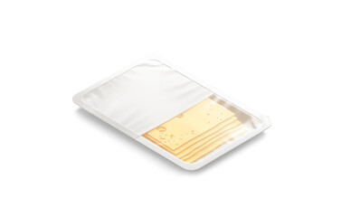 Blank white cheese pack mockup, png, transparent background, 3d rendering. Empty vacuum tray package with gouda slices mock up, cut out. Clear yellow hole cheddar slices in label container template.