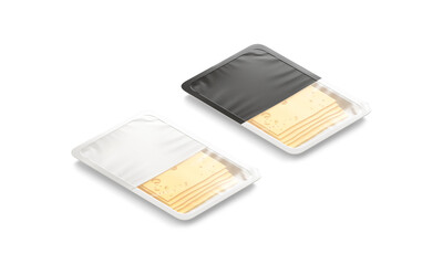 Blank black and white cheese pack mockup, png, transparent background, 3d rendering. Empty plastic tray with cheddar slices mock up, cut out. Clear vacuum packing for dairy melt food template.