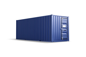 Blank blue steel cargo container mockup, png, transparent background, 3d rendering. Empty international logistic crate ship trade mock up, cut out. Clear heavy delivering storage transport template.