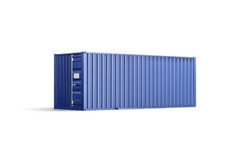 Blank blue steel cargo container mockup, png, transparent background, 3d rendering. Empty steel dockyard for international sea delivery mock up, cut out. Clear trucking warehouse for export template.