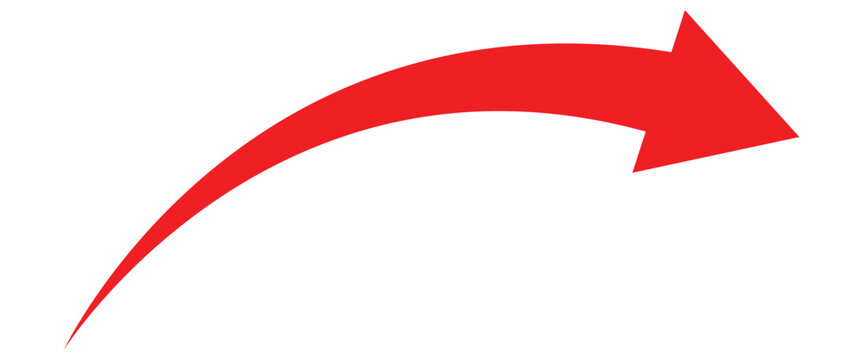 Long red curve arrow indicating rightward down side. Red curve arrow isolated on white background.