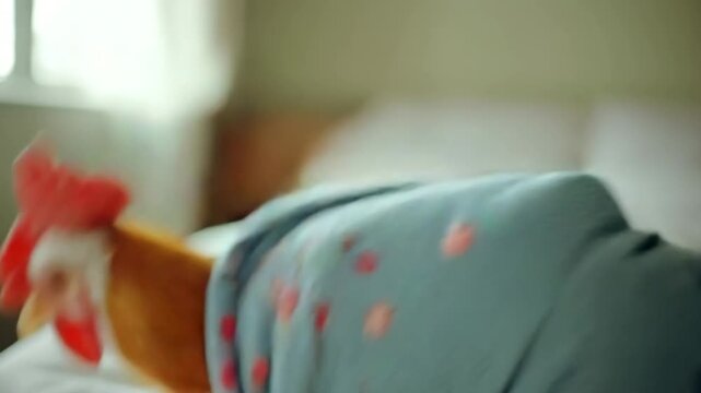 Comical rooster wearing a blue bathrobe crowing and looking around after waking up in the morning