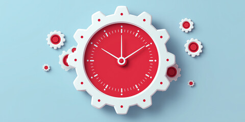 Red gear clock with smaller gears on blue background