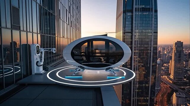 Futuristic Flying Car or eVTOL Charging on a Skyscraper Rooftop with Cityscape at Sunset