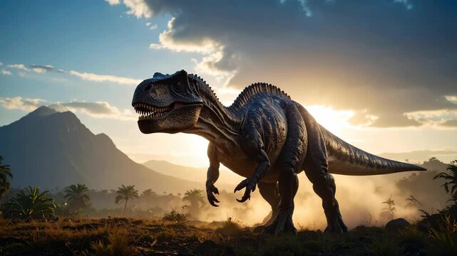 Predatory dinosaur walks through a foggy jungle at sunrise