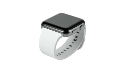 Isometric view of a smartwatch with a black screen and white band on a black background