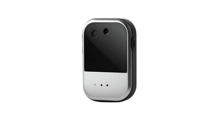 Close-up of a small, rectangular device with a black and white face