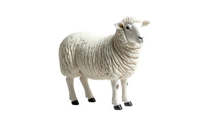 A white sheep figurine, detailed wool texture, standing with black hooves, isolated on black