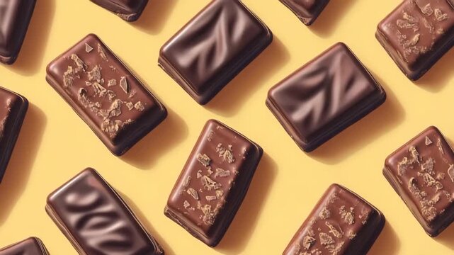 Delicious assortment of chocolate candy moving on a yellow background in a seamless loop