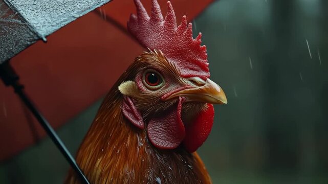 Rooster with a red comb stands under an umbrella during a rainstorm on a farm