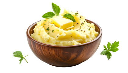 Creamy mashed potatoes in a wooden bowl, garnished with herbs and butter
