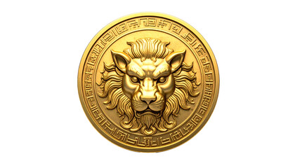 Ornate gold coin design features a detailed lion's head in relief