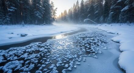 Frozen River Winding Through Coniferous Forest at Dawn