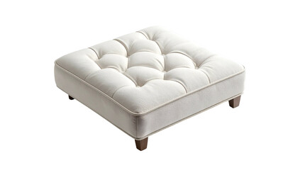 Square tufted ottoman with cream-colored upholstery and wooden legs on a black background