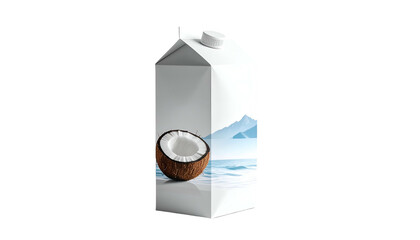 White milk carton with a half coconut, landscape art, and white cap