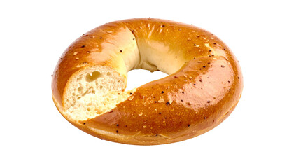 A single, golden-brown baked bread ring with a glossy top and poppy seeds, a piece missing