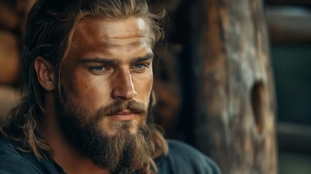 Handsome medieval man with a beard and long hair looking around with a serious expression