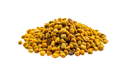 Pile of granular, golden-yellow bee pollen, isolated against a black background